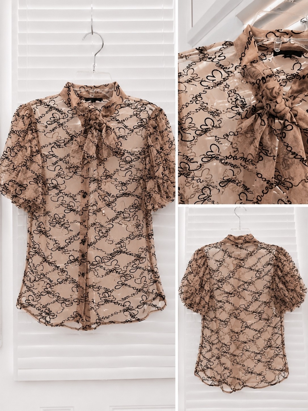 Fashion Nova Beige Sheer Bow-Tie Blouse with Black Script Print